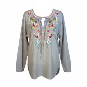 New Magazine Embroidered Long-Sleeve Peasant Tunic Top Ash Gray Cotton Sz M